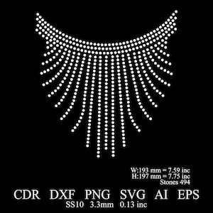 May include: A white rhinestone necklace design with 494 stones, measuring 7.59 inches wide and 7.75 inches high. The design is made up of rows of rhinestones that radiate out from the center.