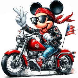 May include: A cartoon illustration of Mickey Mouse wearing a red bandana, sunglasses, and a leather jacket, riding a red motorcycle with an American flag attached to the back.