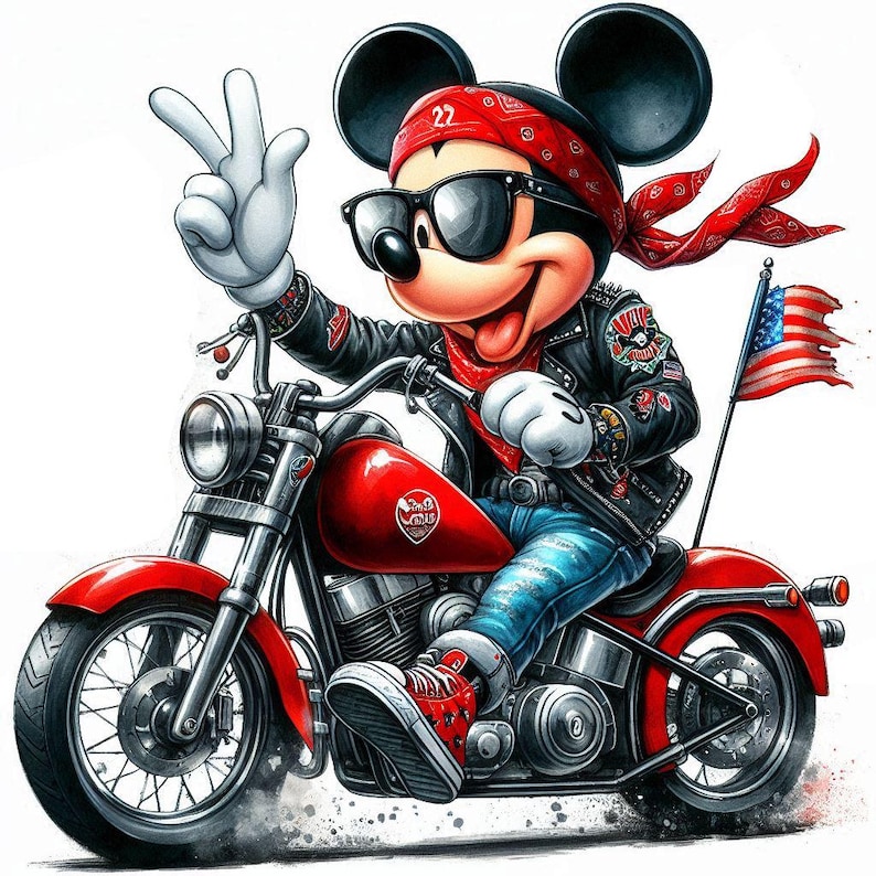 May include: A cartoon illustration of Mickey Mouse wearing a red bandana, sunglasses, and a leather jacket, riding a red motorcycle with an American flag attached to the back.