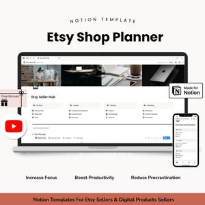 May include: A digital Etsy Shop Planner template displayed on a laptop and smartphone. The laptop screen shows the Etsy Seller Hub interface. The image includes the text "Increase Focus", "Boost Productivity", and "Reduce Procrastination".