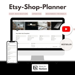 May include: A screenshot of a computer screen displaying a Notion template designed for Etsy shop planning. The template is labelled "Etsy Seller Hub (Template)" and features sections for "My Shop", "Listings", "Pricing", "Marketing", and other key areas. This template is intended to assist Etsy sellers in organising their business and monitoring their progress. The image also includes a "Bestseller" badge and a link to a video tutorial.