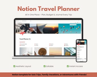 Notion Travel Planner Template • Trip Itinerary, Packing List & Budget Tracker Dashboard • Digital Vacation Organizer Trip Organizer