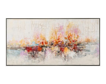 Abstraktes Acryl Leinwandbild handgemalt „Warme Farbmelodie“ | 72,5 cm x 142,5 cm x 4,5 cm | Craquelé-Technik & Metallfolie | Moderne Kunst