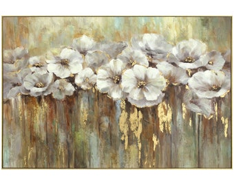 Glicée/acrylic painting on canvas “White Poppy with Gold” with metal foil | Acrylic painting as a gift | Canvas picture for the living room, hand painted