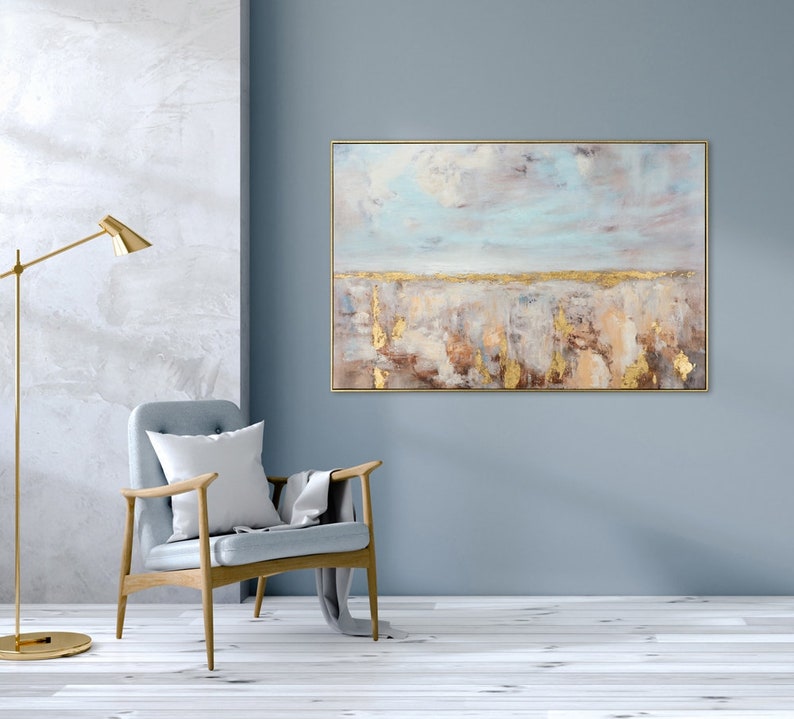 Gerahmtes Glicée/Acrylgemälde auf Leinwand Goldener Horizont Acrylbild als Geschenk Leinwandbild fürs Wohnzimmer Handveredelt Bild 2