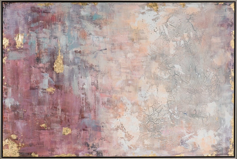 Hand-painted Glicée/Acrylic painting on canvas Abstract in Rose with Gold Acrylic painting with metal foil & craquelé effect Large canvas picture image 3