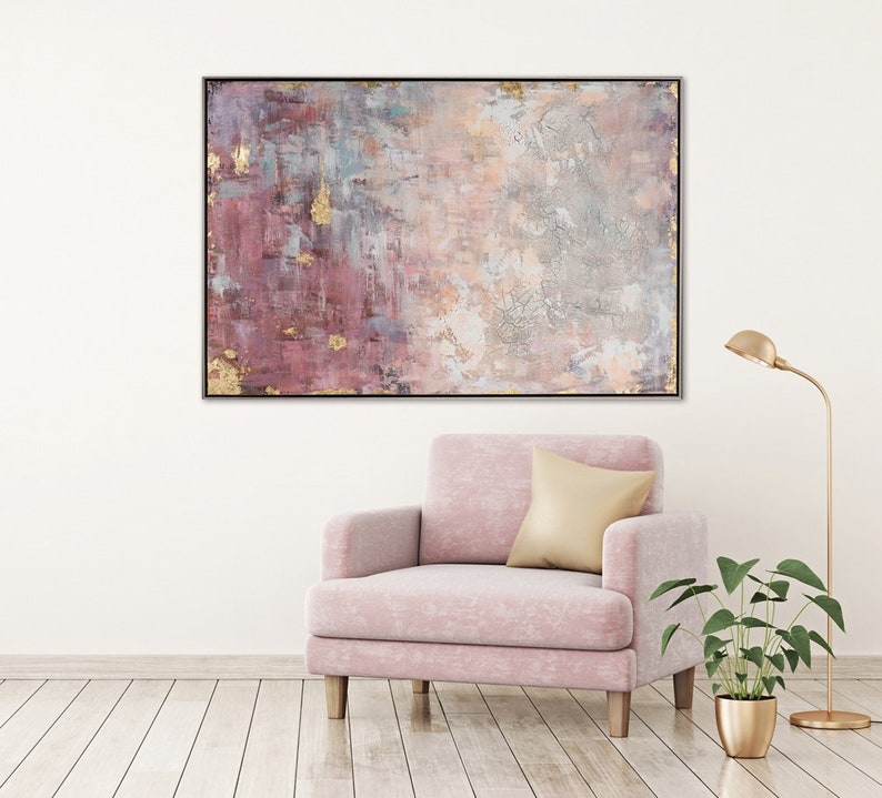 Hand-painted Glicée/Acrylic painting on canvas Abstract in Rose with Gold Acrylic painting with metal foil & craquelé effect Large canvas picture image 2