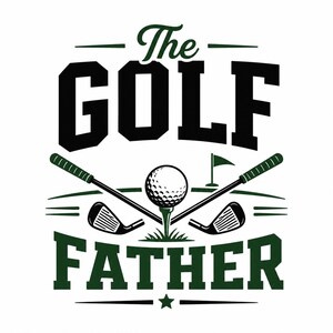 The Golf Father PNG design with crossed golf clubs, golf ball, tee, and varsity-style lettering for golf dad shirts and gifts.