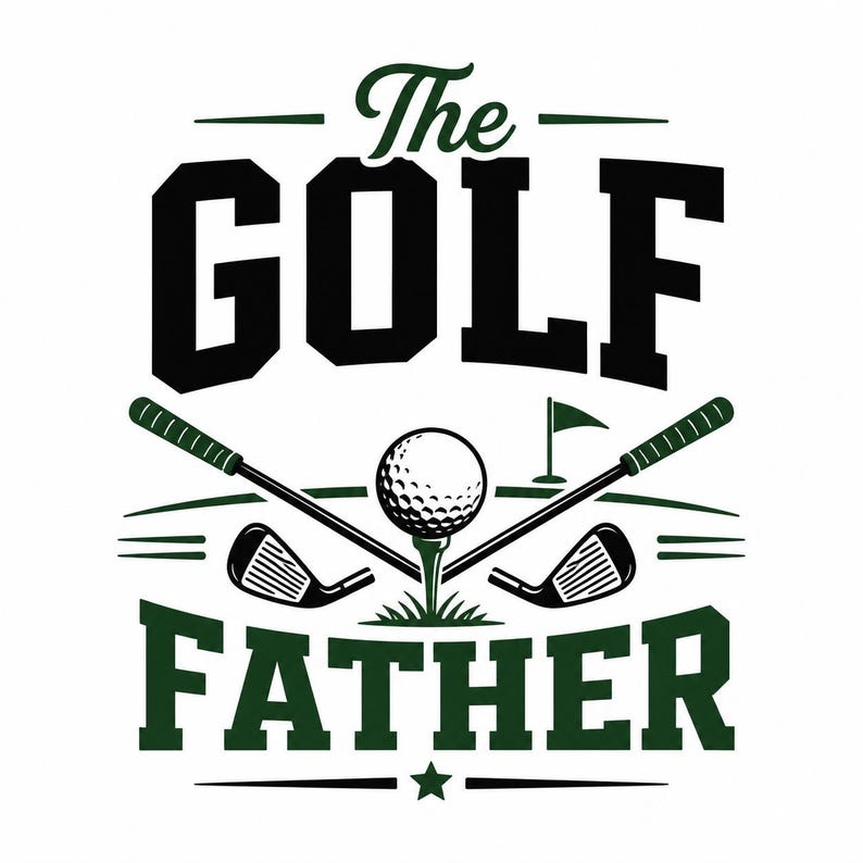 The Golf Father PNG design with crossed golf clubs, golf ball, tee, and varsity-style lettering for golf dad shirts and gifts.