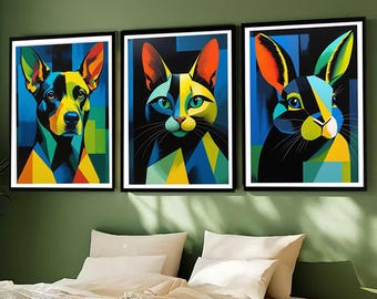 Pop Art Animal Prints – Geometric Dog, Cat, Rabbit Set (Digital Download)