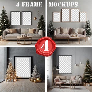 Christmas Frame Mockup Bundle, 4 Festive PSD & PNG Files for Wall Art Display, Living Room Christmas Decor, Minimalist Wall Art