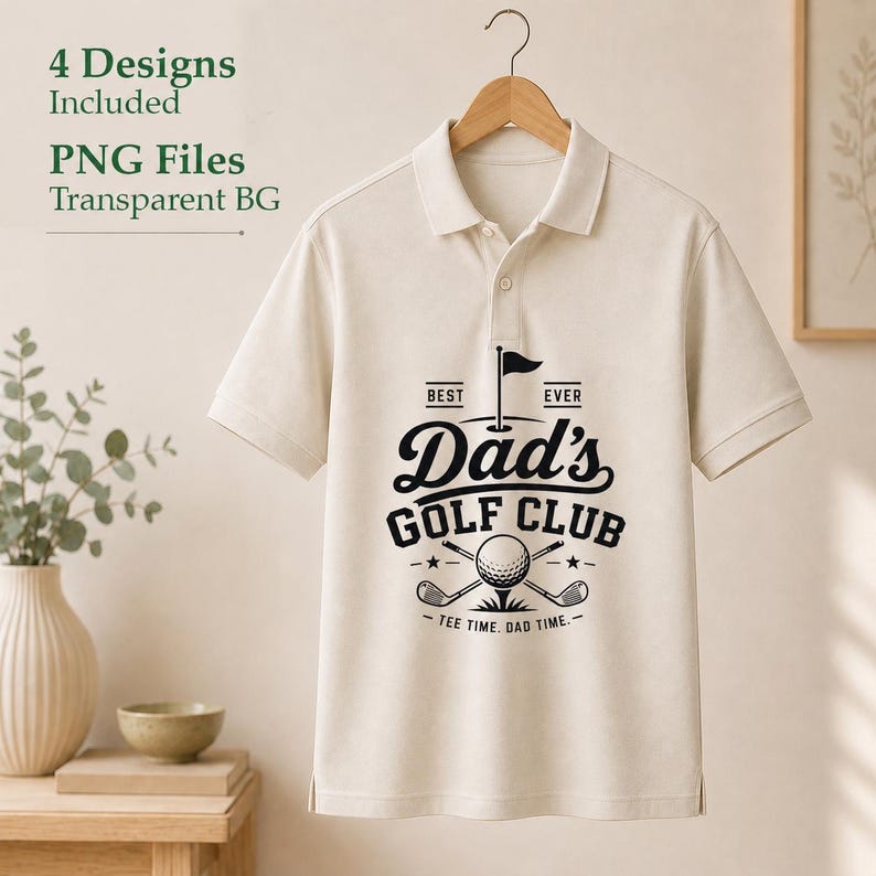 Dad’s Golf Club golf PNG design displayed on a light polo shirt mockup, suitable for Father’s Day shirts and golf dad gifts.