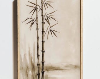 May include: A framed sepia-toned print featuring a watercolor painting of bamboo stalks with long, slender leaves. The artwork has a minimalist style with soft, blurred background elements, and is encased in a light wood frame.
