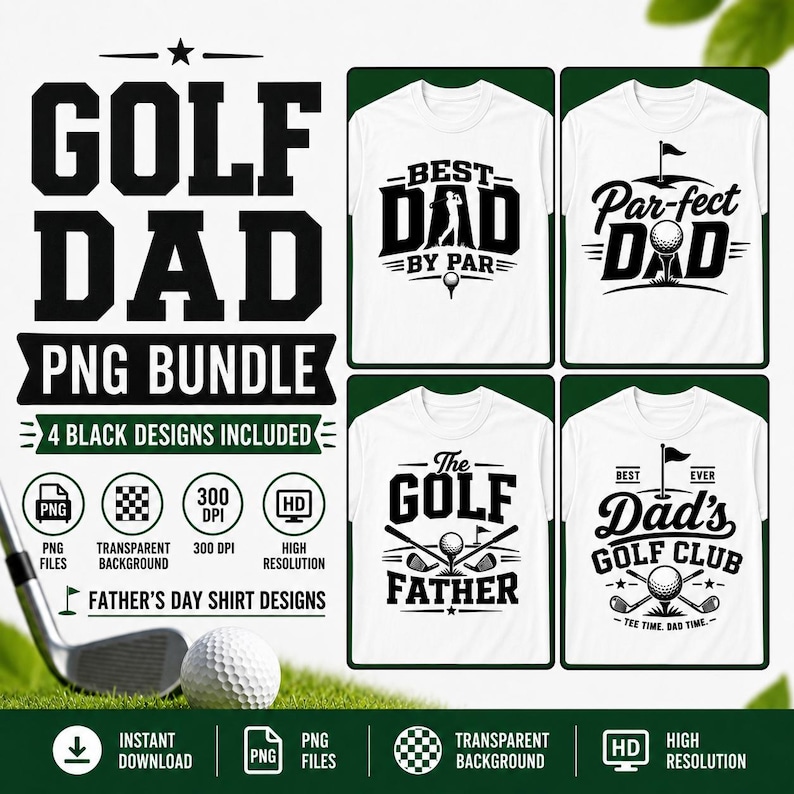 Golf Dad PNG bundle preview featuring 4 Father’s Day golf shirt designs, including Par-fect Dad, Best Dad by Par, The Golf Father, and Dad’s Golf Club.