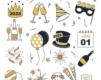 Luxury New Year Clipart Set, Black Gold Doodle Icons, Hand Drawn 2026 Party SVG, PNG, Pdf, AI