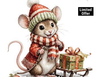 Clipart kerstmuis – PNG/JPG, afdrukbare aquarel clipart, digitale download, Paper Crafts, Junk Journals