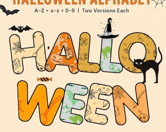 May include: A Halloween-themed digital graphic featuring the word "Halloween" in orange and yellow letters. The letters are decorated with Halloween-related images, including a black cat, bats, and a witch's hat. The text "Halloween Alphabet" is at the top.