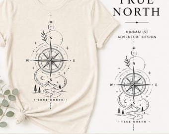Kompass nach Norden (PNG), Sinnvolles Reisegeschenk, Abenteuer-Strichzeichnung, Design für Wandern und Outdoor-Aktivitäten, Inspirierender digitaler Download