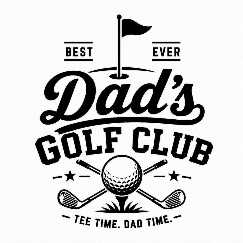 Dad’s Golf Club PNG design with golf ball, crossed clubs, flag, and vintage-style typography for Father’s Day golf gifts.