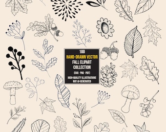 100 Hand-Drawn Vector Fall Clipart Bundle, Black and White Autumn Botanicals, Leaves, Mushrooms (SVG, PNG, PDF)