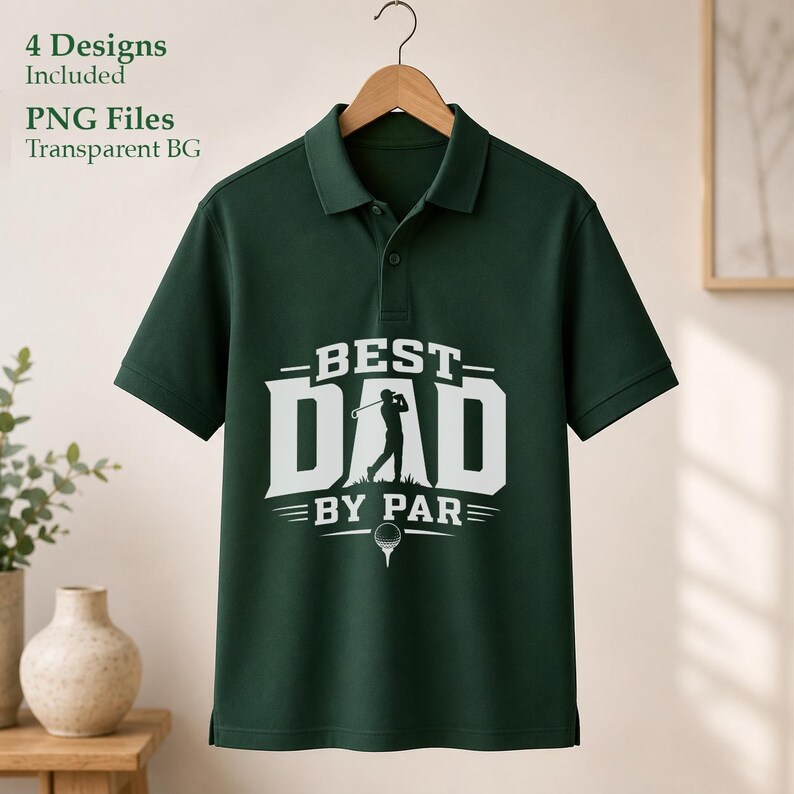 Best Dad by Par golf PNG design with golfer silhouette, golf ball, tee, and bold lettering for Father’s Day shirt designs.