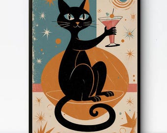 Atomic Cat Druck | Mid-Century Modern Katze mit Cocktail (Digitaler Download)