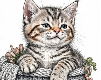 Lámina infantil de gatito atigrado, arte mural de gato para imprimir, decoración acogedora para la habitación del bebé, cesta floral para descargar digitalmente