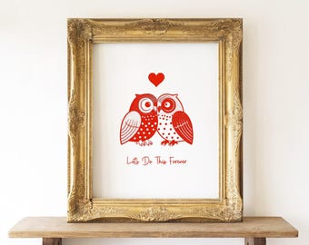 Owl Couple Anniversary Art – Romantic Home Decor (Digital Download 24x36, 16x20, 11x14, 8x10 inches )