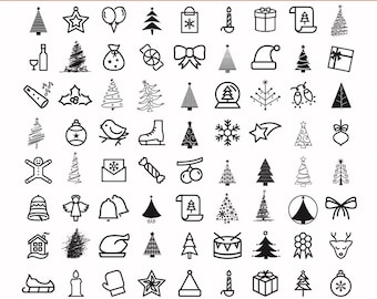 Paquete de imágenes prediseñadas navideñas: 180 iconos minimalistas de líneas rectas / SVG, PNG y PDF navideños en blanco y negro