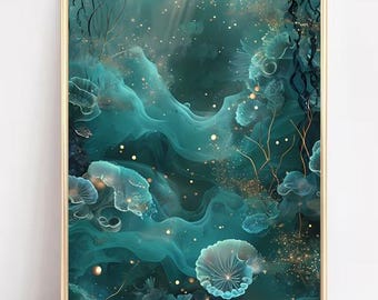 Magical Underwater World Wall Art Printable, Gold Blue Teal Ocean Abstract Decor