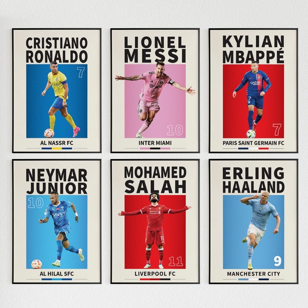 Messi Ronaldo Mbappe Neymar Haaland Salah Bundle Poster set of 6, Star football players, Soccer Minimalist, Football Poster set,Gift For Him