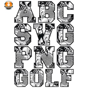 May include: Black and white graphic of the letters A, B, C, S, V, G, P, N, G, O, L, and F. Each letter is filled with a golf ball and golf club design. The word "GOLF" is spelled out at the bottom.