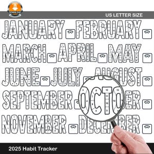 Puede incluir: Un rastreador de hábitos imprimible para 2025 con una lupa sobre el mes de octubre. El rastreador presenta un calendario para cada mes del año con un icono de escala junto a cada mes.