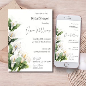 Bearbeitbare weiße Calla Lilie Brautparty einladen Minimalistische Callas Hochzeitstageinladung Elegante Blumen Laub Frauen Geburtstags-Einladung evite