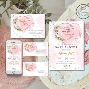 Wir sind über der Mondmädchen-Babypartyeinladung, rosa Wolke Baby bestreuen Telefon einladen, bearbeitbare glitzer kleine Sternvorlage, Galaxy evite
