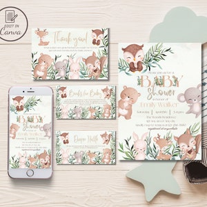 Ensemble d'invitations pour baby shower, animaux de la forêt, ensemble de modèles modifiables pour bébé sur le thème de la forêt printemps-été, animal de la forêt et verdure