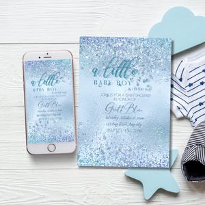 Convite minimalista para chá de bebê de menino Convite com glitter editável Convite azul brilhante para comemoração da futura mamãe Modelo de festa de recém-nascido brilhante