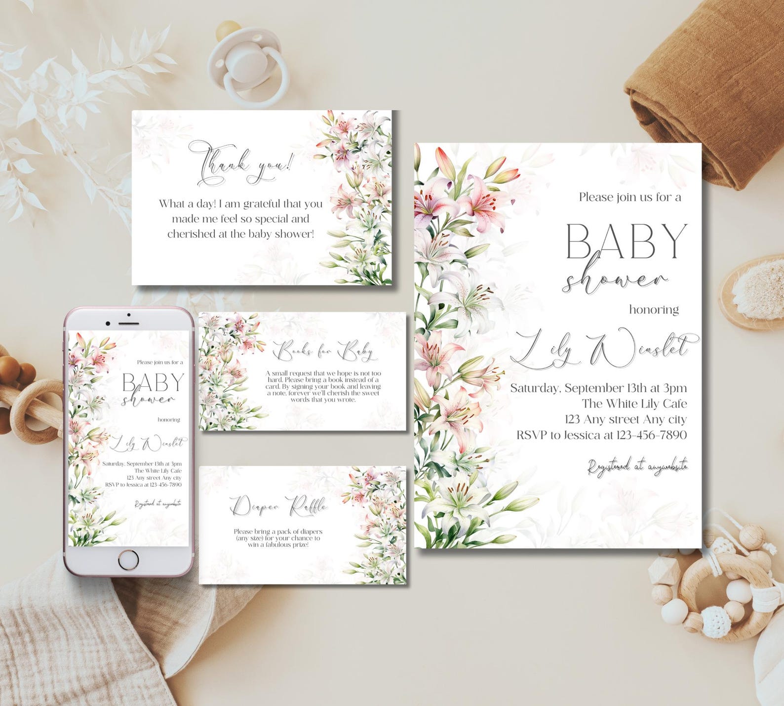 Editable Lilies Baby Shower Invitation Set Watercolor Lily Flowers Baby ...