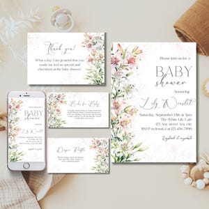 Bewerkbare lelies babyshower uitnodigingsset aquarel lelie bloemen baby strooi uitnodiging tuin bloemen brunchpak bloemen bruids douche pakket