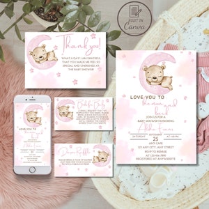 Ik hou van je tot de maan en terug babyshoweruitnodiging, bewerkbare teddybeer op de maan babysprinkhaanuitnodiging, fonkelende kleine ster sjabloonset