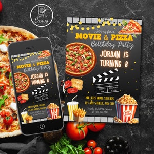 Film und Pizza Geburtstagsfeier Einladung, bearbeitbare Kino Abend Geburtstag einladen, Heimkino Karte, Pizza Popcorn Vorlage, Kinder zwischen Erwachsene