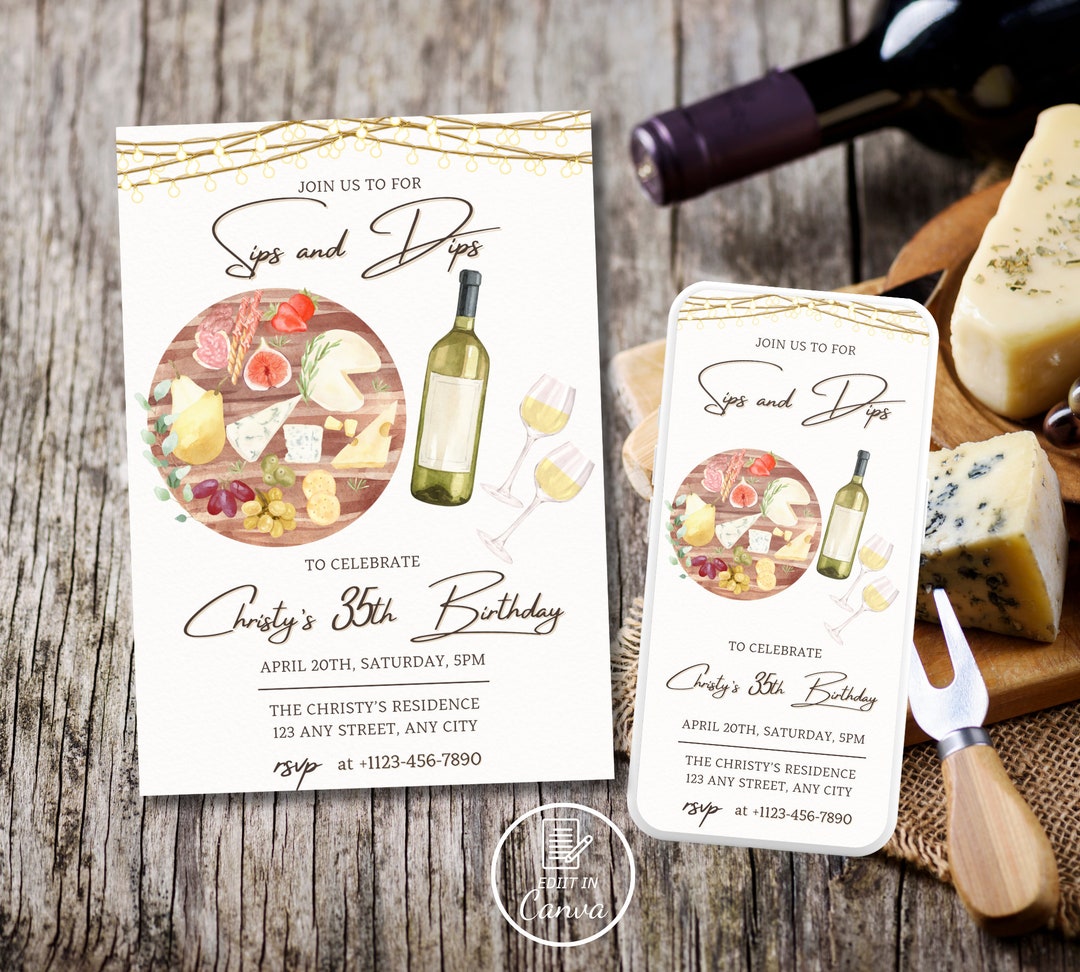 Minimalist Sips and Dips Invitation, Charcuterie Board Birthday Invite