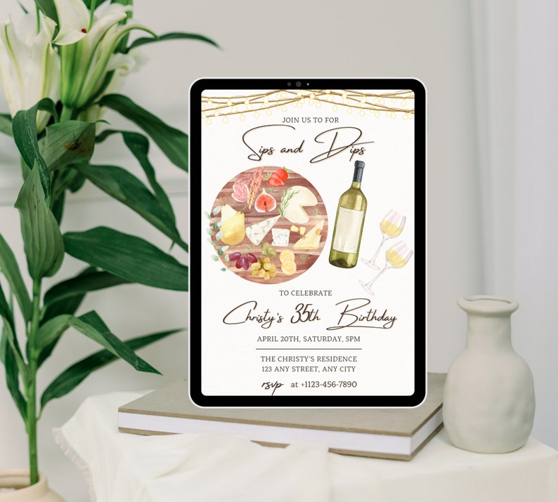 Minimalist Sips and Dips Invitation, Charcuterie Board Birthday Invite