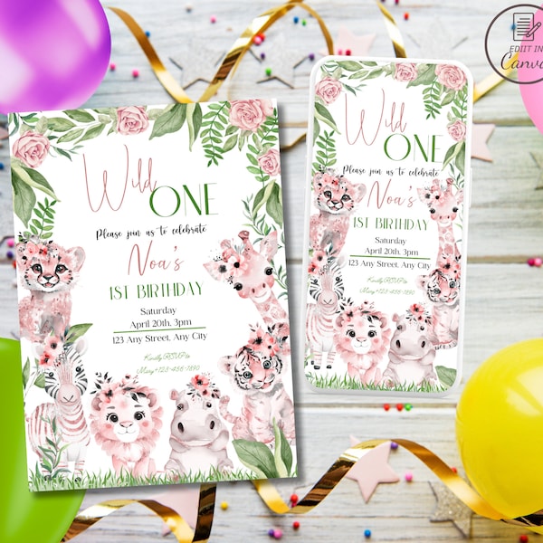 Pink safari birthday invitation template, Digital wild one girl birthday evite, Editable jungle birthday party invites, safari party animals