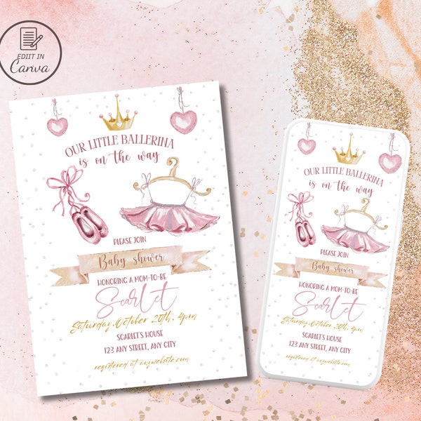 Editable girl pointe and tutu baby shower invitation, Digital ballerina baby shower template, Printable ballet dancer baby party invite