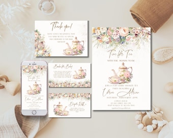 Tee-Party-Babypartyeinladungs-Set, elegante florale Einladungskarten, elegante florale Einladungskarten, personalisierte Einladungskarten