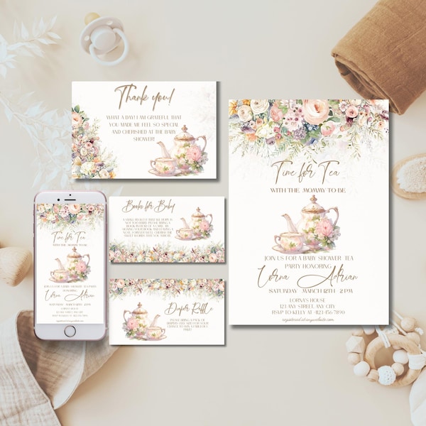 Tea party baby shower invitation set, Tea with mommy to be invite template, Elegant floral par-tea invites bundle, gender neutral evite