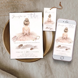 Editable ballerina birthday invitation Ballet dancer girls template Printable tutu cute girl bday party invite Puante shoes tutu phone evite
