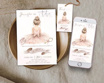 Editable ballerina birthday invitation Ballet dancer girls template Printable tutu cute girl bday party invite Puante shoes tutu phone evite