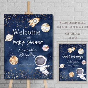 Letrero de bienvenida para baby shower de fiesta espacial y plantillas de letreros personalizados, tablero de bienvenida de brunch para bebés de galaxia editable Artículos imprimibles para fiestas de astronautas